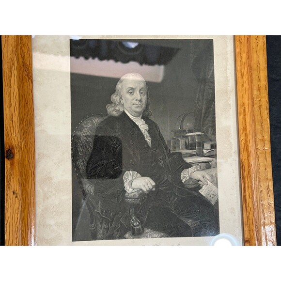 Benjamin Franklin Antique Johnson Wilson & Co New York Art Print Oak Wood Frame - Picture 8 of 11